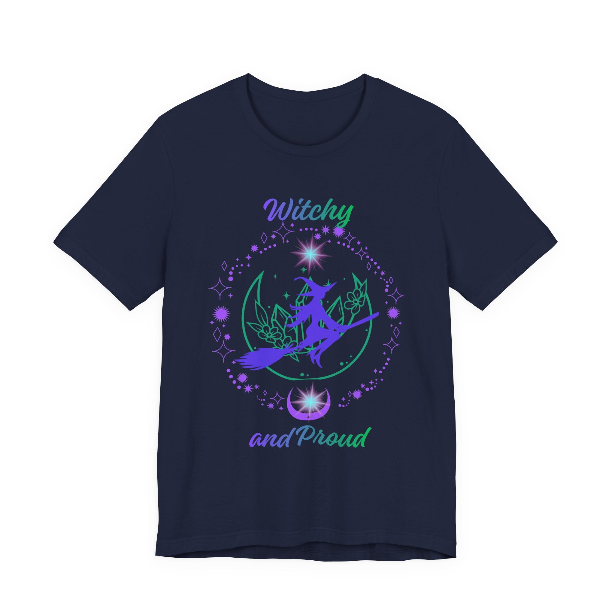 Witchy and Proud Witch Riding Broom Tee | Witch Silhouette on Moon, Celestial Floral Design