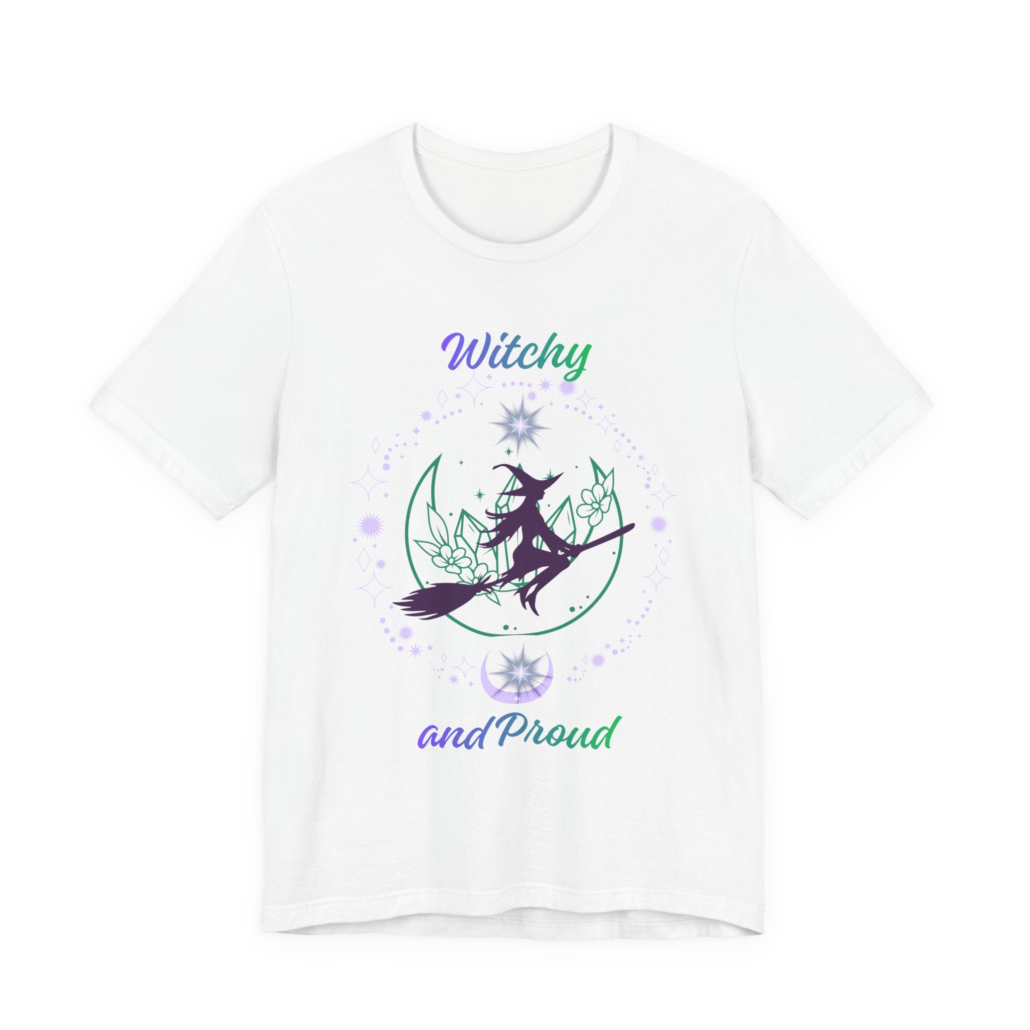 Witchy and Proud Witch Riding Broom Tee | Witch Silhouette on Moon, Celestial Floral Design