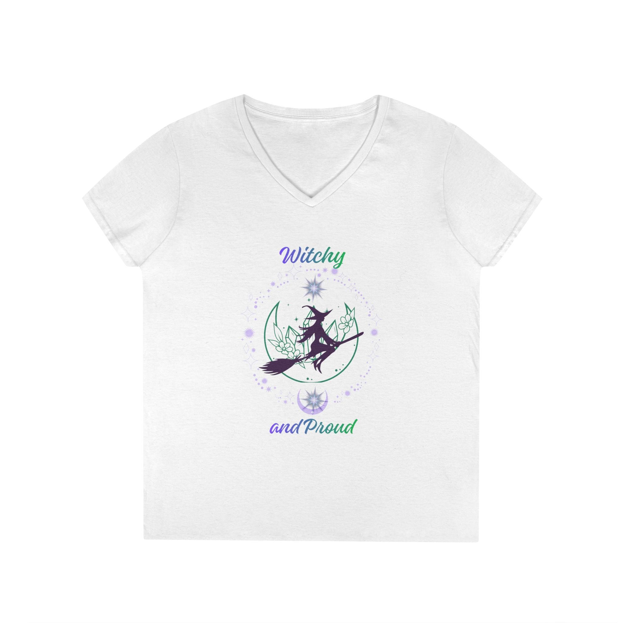 Witchy and Proud Witch Riding Broom Women's V-Neck Tee | Witch Magick Shirt