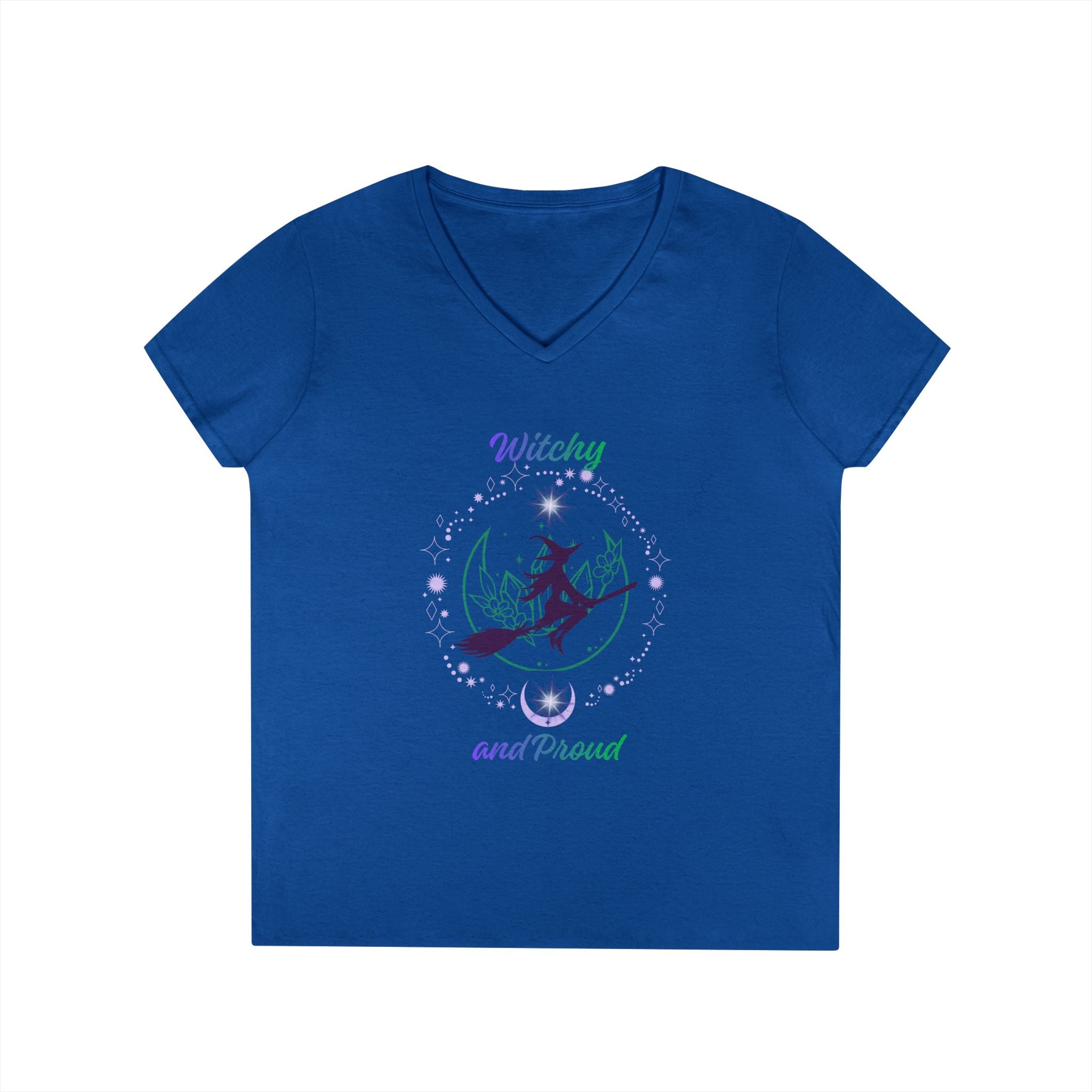 Witchy and Proud Witch Riding Broom Women's V-Neck Tee | Witch Magick Shirt