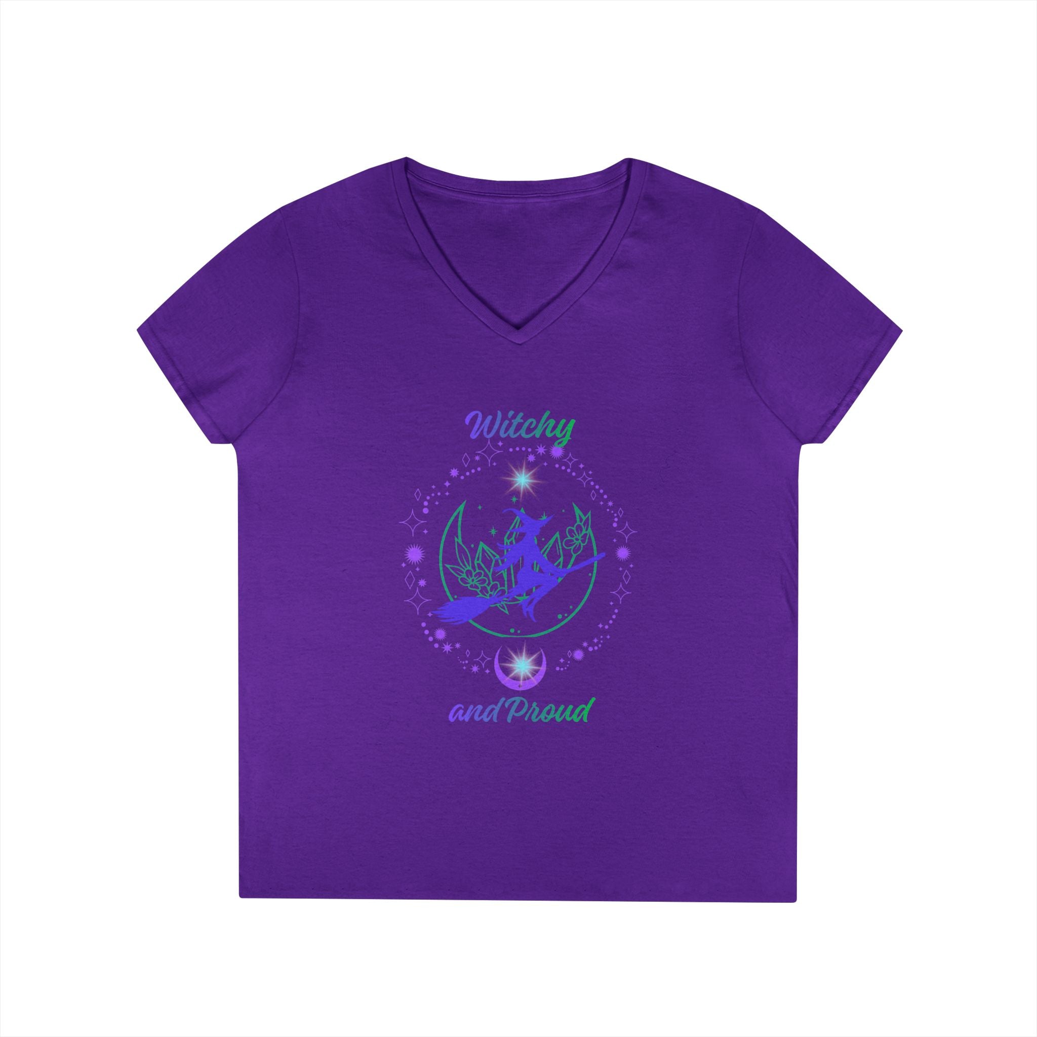 Witchy and Proud Witch Riding Broom Women's V-Neck Tee | Witch Magick Shirt
