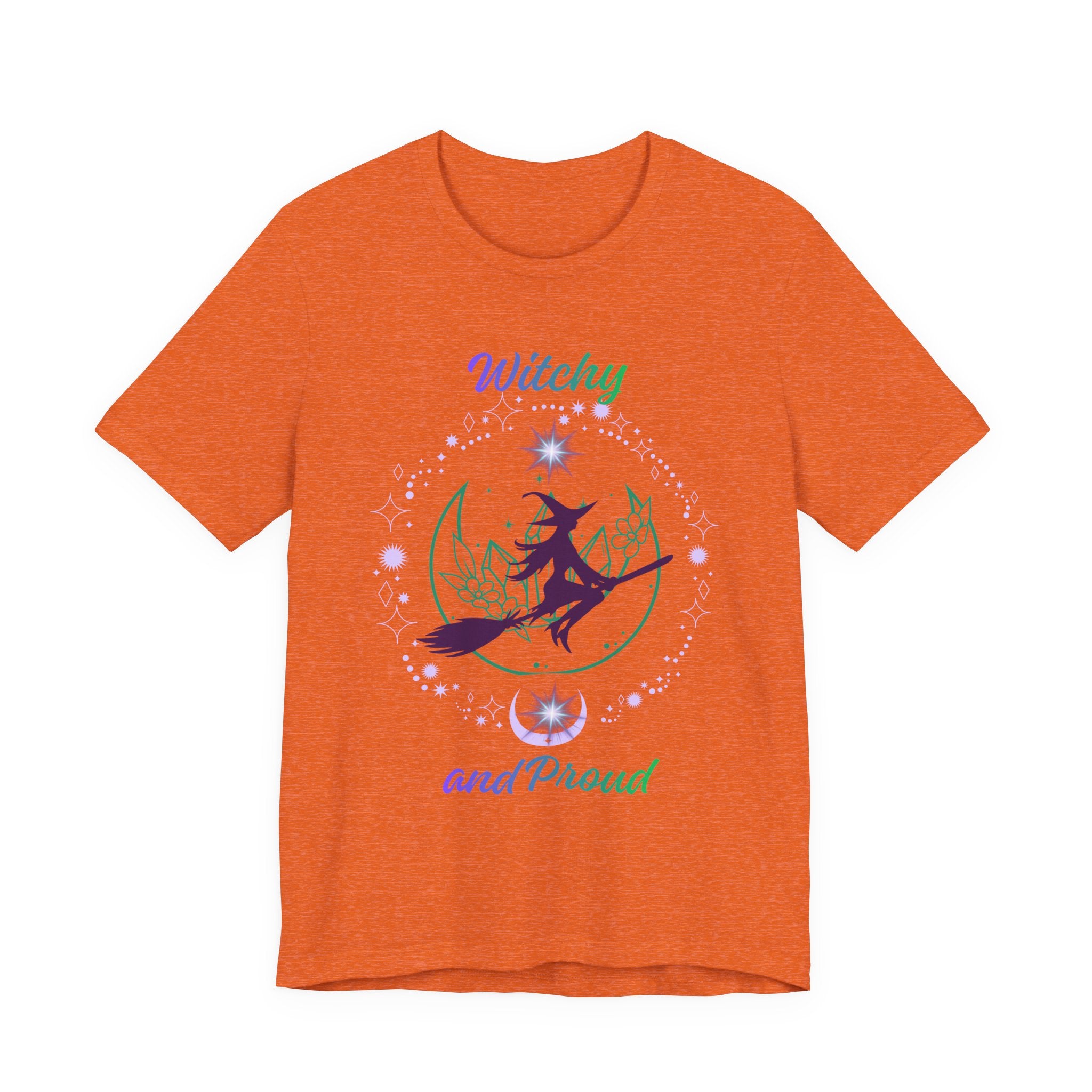 Witchy and Proud Witch Riding Broom Tee | Witch Silhouette on Moon, Celestial Floral Design