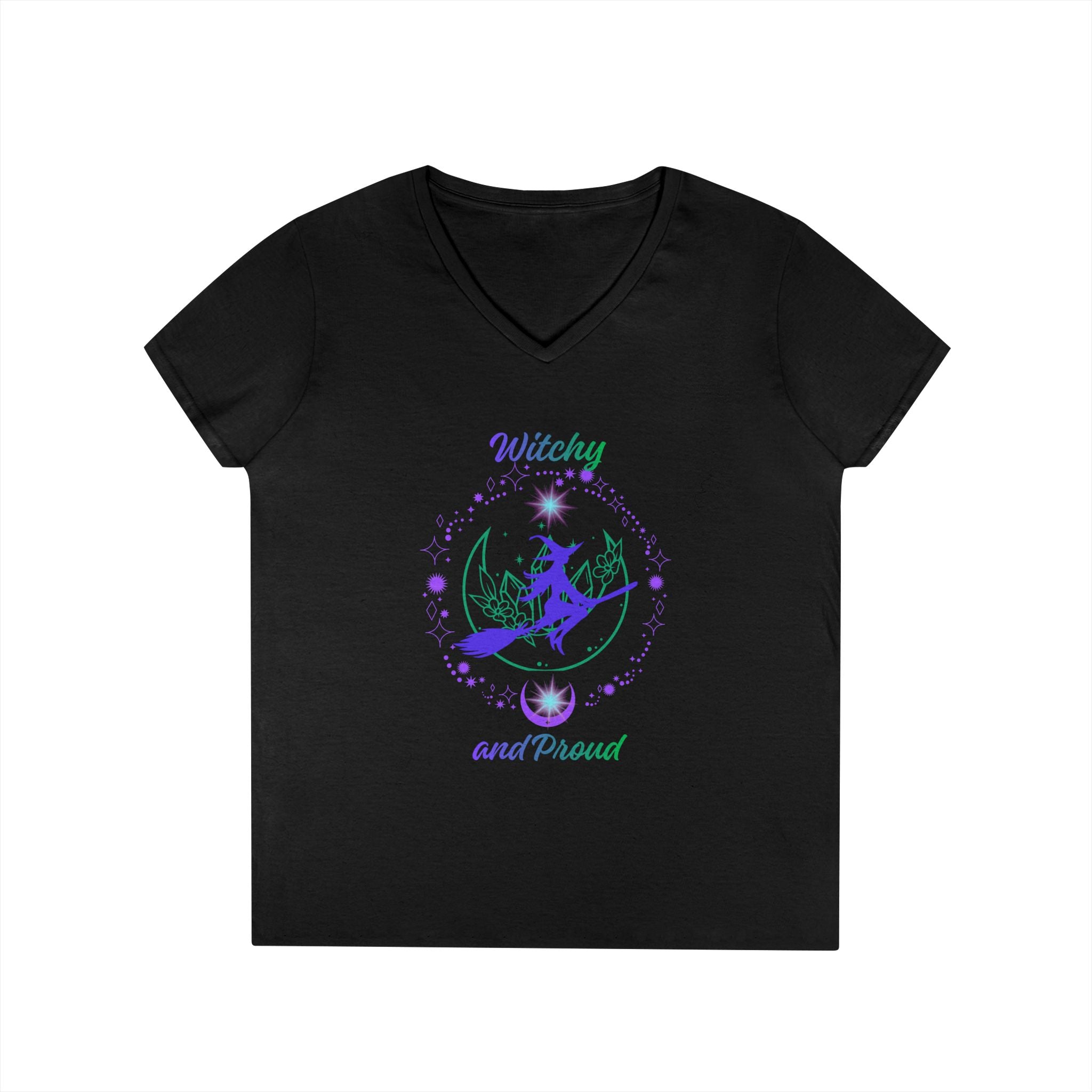 Witchy and Proud Witch Riding Broom Women's V-Neck Tee | Witch Magick Shirt