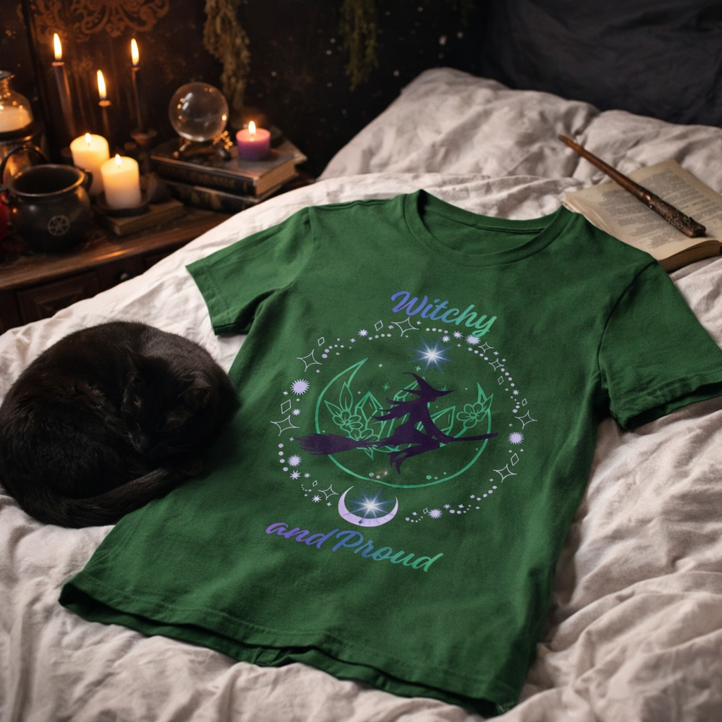 Witchy and Proud Witch Riding Broom Tee | Witch Silhouette on Moon, Celestial Floral Design