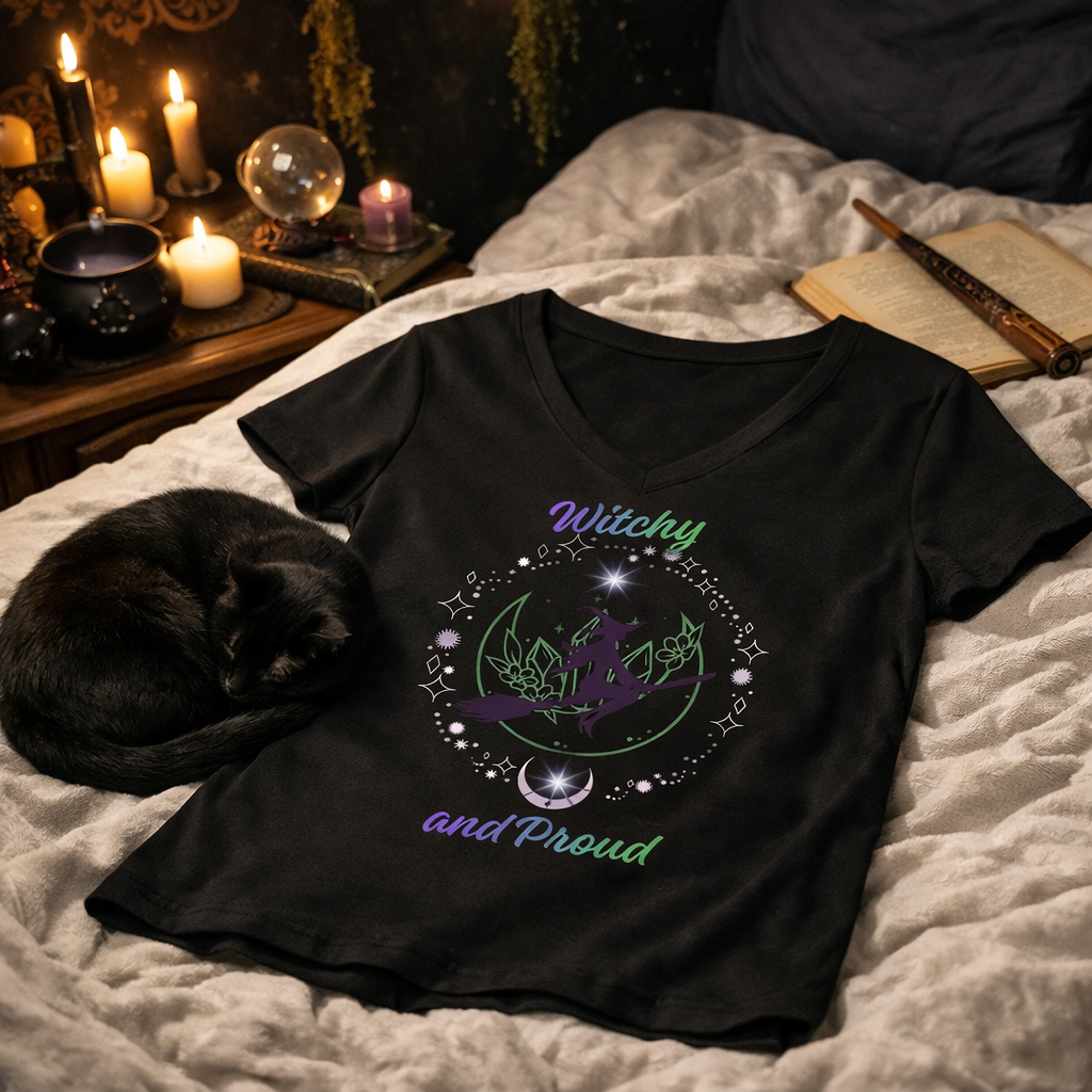 Witchy and Proud Witch Riding Broom Women's V-Neck Tee | Witch Magick Shirt