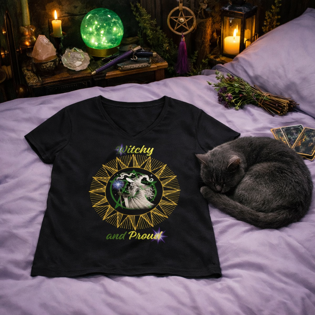Witchy and Proud Women's V-Neck Tee | Wizard Design