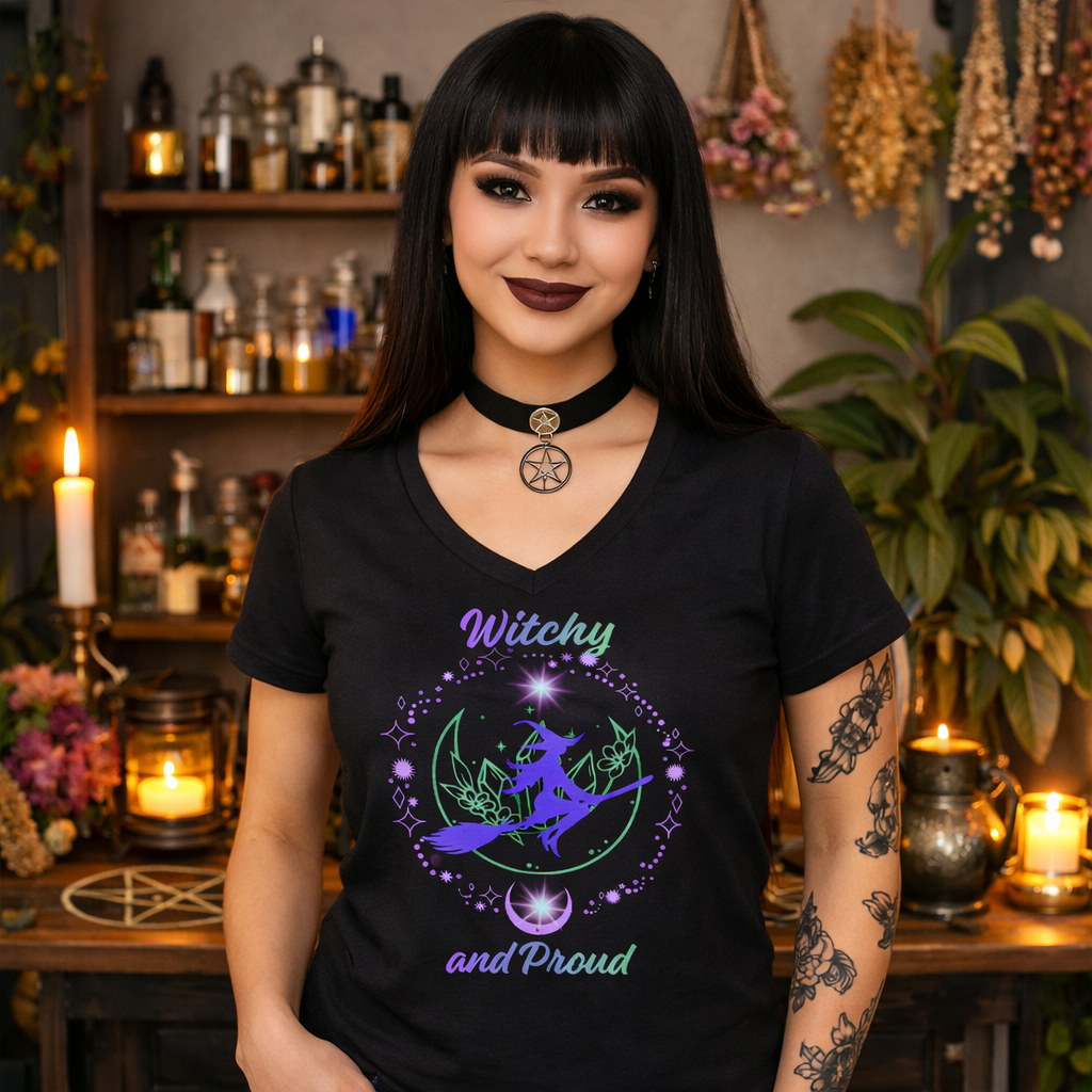 Witchy and Proud Witch Riding Broom Women's V-Neck Tee | Witch Magick Shirt