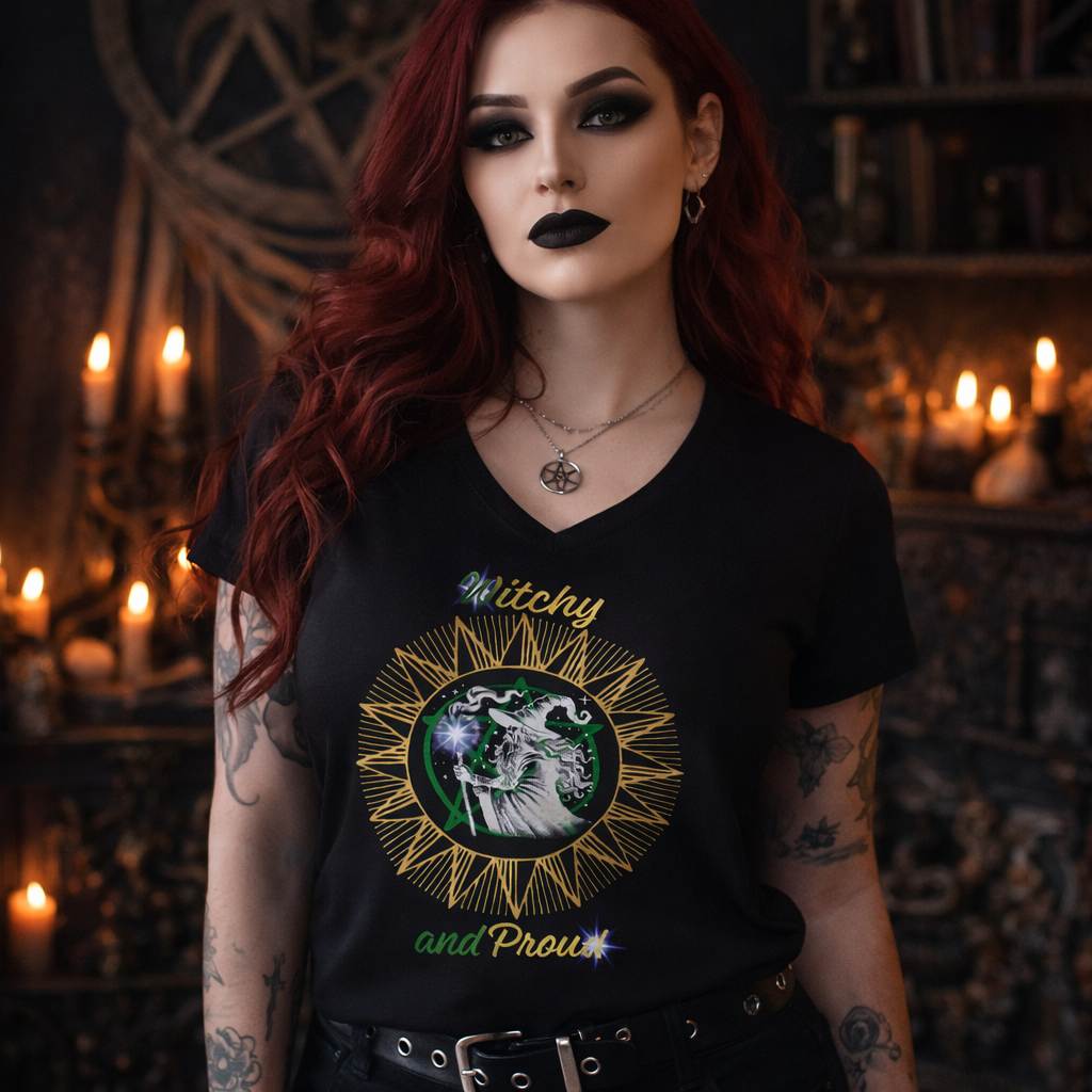 Witchy and Proud Women's V-Neck Tee | Wizard Design