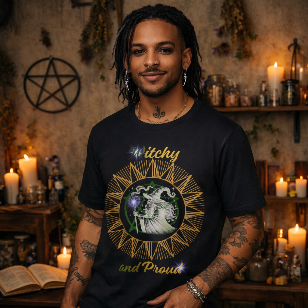 Witchy and Proud Wizard Tee | Wizard Silhouette, Sunburst Design