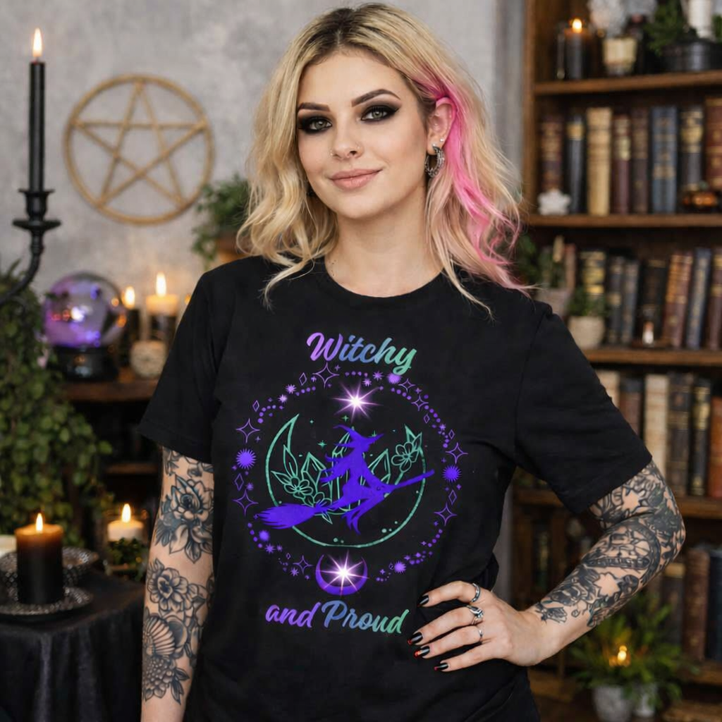 Witchy and Proud Witch Riding Broom Tee | Witch Silhouette on Moon, Celestial Floral Design