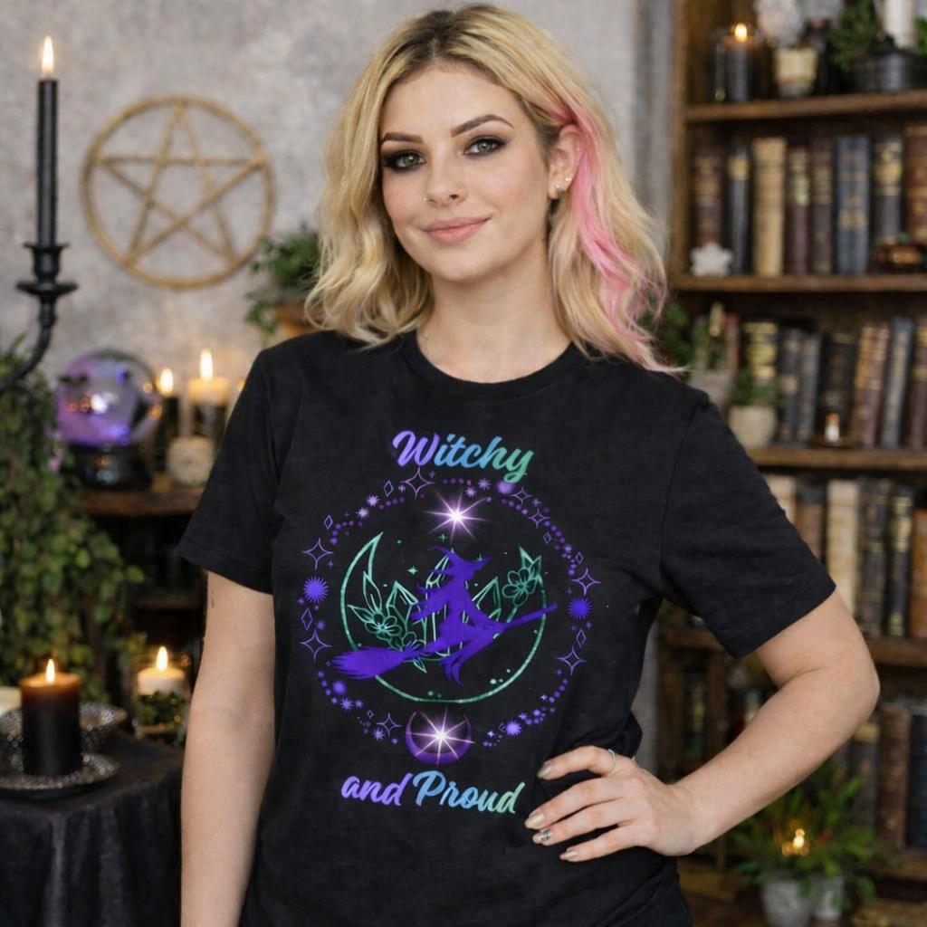 Witchy and Proud Witch Riding Broom Tee | Witch Silhouette on Moon, Celestial Floral Design