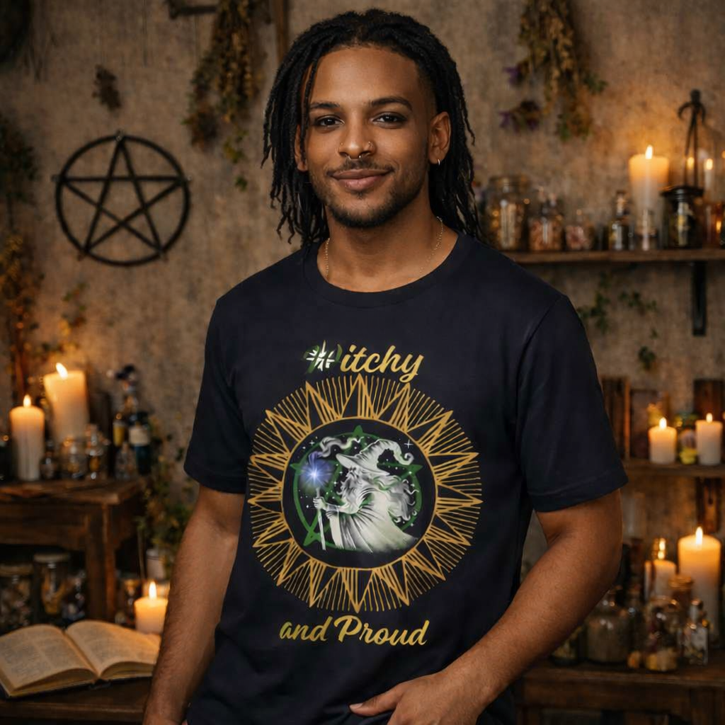 Witchy and Proud Wizard Tee | Wizard Silhouette, Sunburst Design