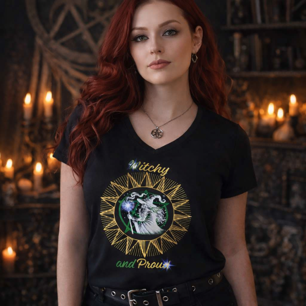 Witchy and Proud Women's V-Neck Tee | Wizard Design