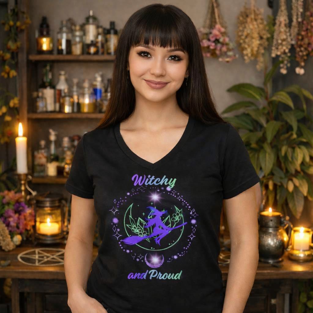 Witchy and Proud Witch Riding Broom Women's V-Neck Tee | Witch Magick Shirt