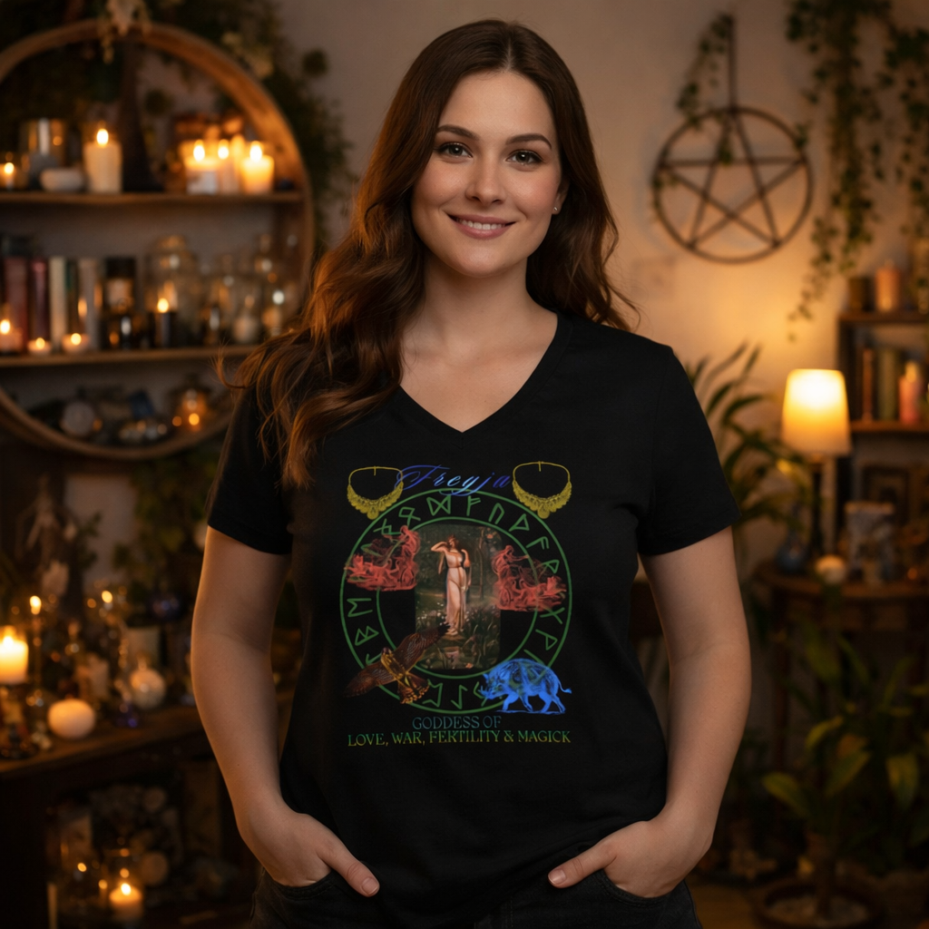 Freyja Goddess of Love, War, Fertility & Magick Women's V-Neck Tee | Goddess Collection