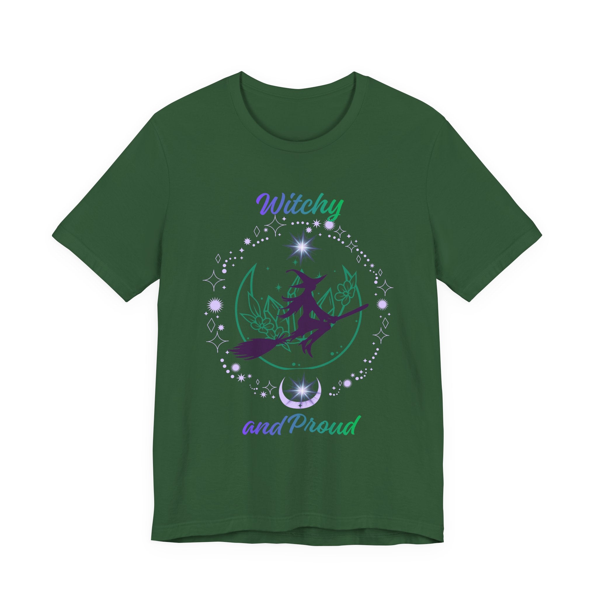 Witchy and Proud Witch Riding Broom Tee | Witch Silhouette on Moon, Celestial Floral Design