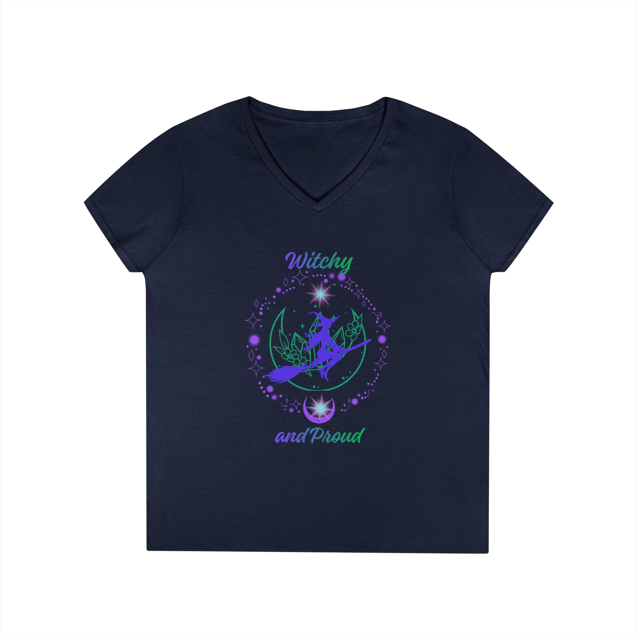 Witchy and Proud Witch Riding Broom Women's V-Neck Tee | Witch Magick Shirt