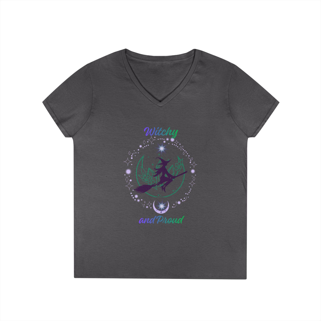 Witchy and Proud Witch Riding Broom Women's V-Neck Tee | Witch Magick Shirt