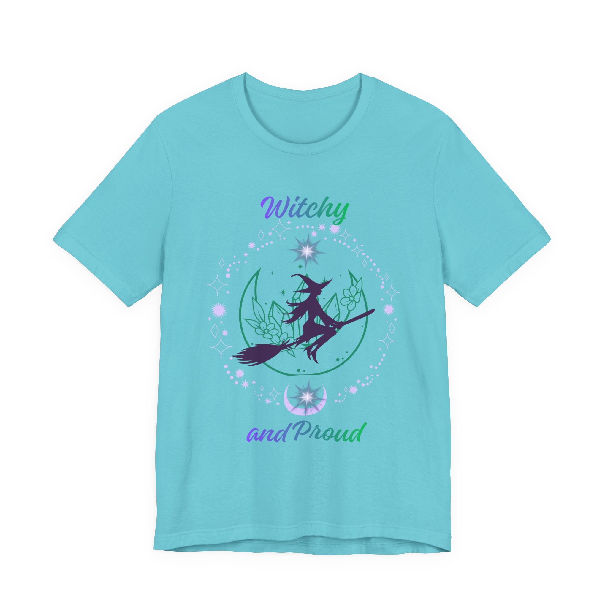 Witchy and Proud Witch Riding Broom Tee | Witch Silhouette on Moon, Celestial Floral Design