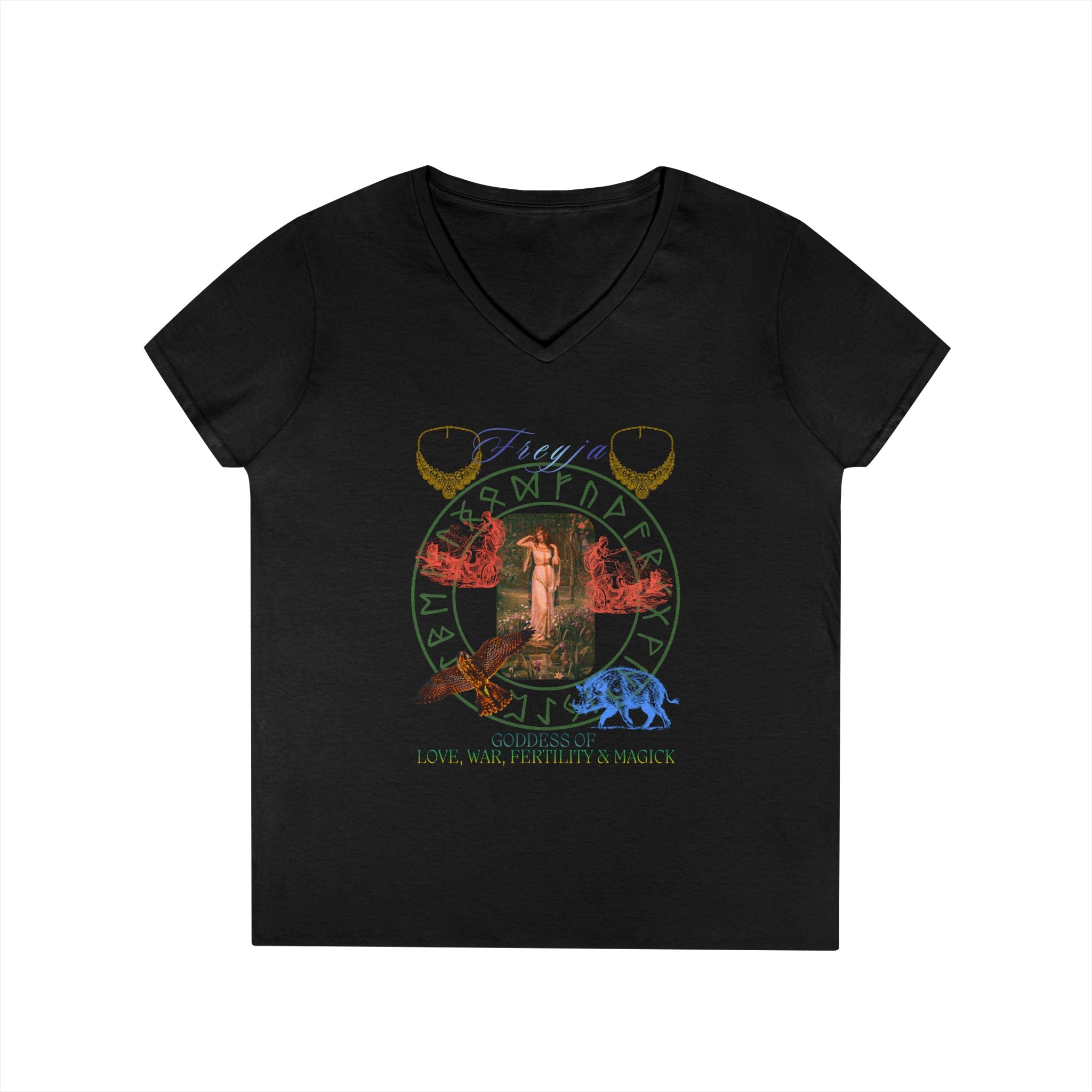 Freyja Goddess of Love, War, Fertility & Magick Women's V-Neck Tee | Goddess Collection