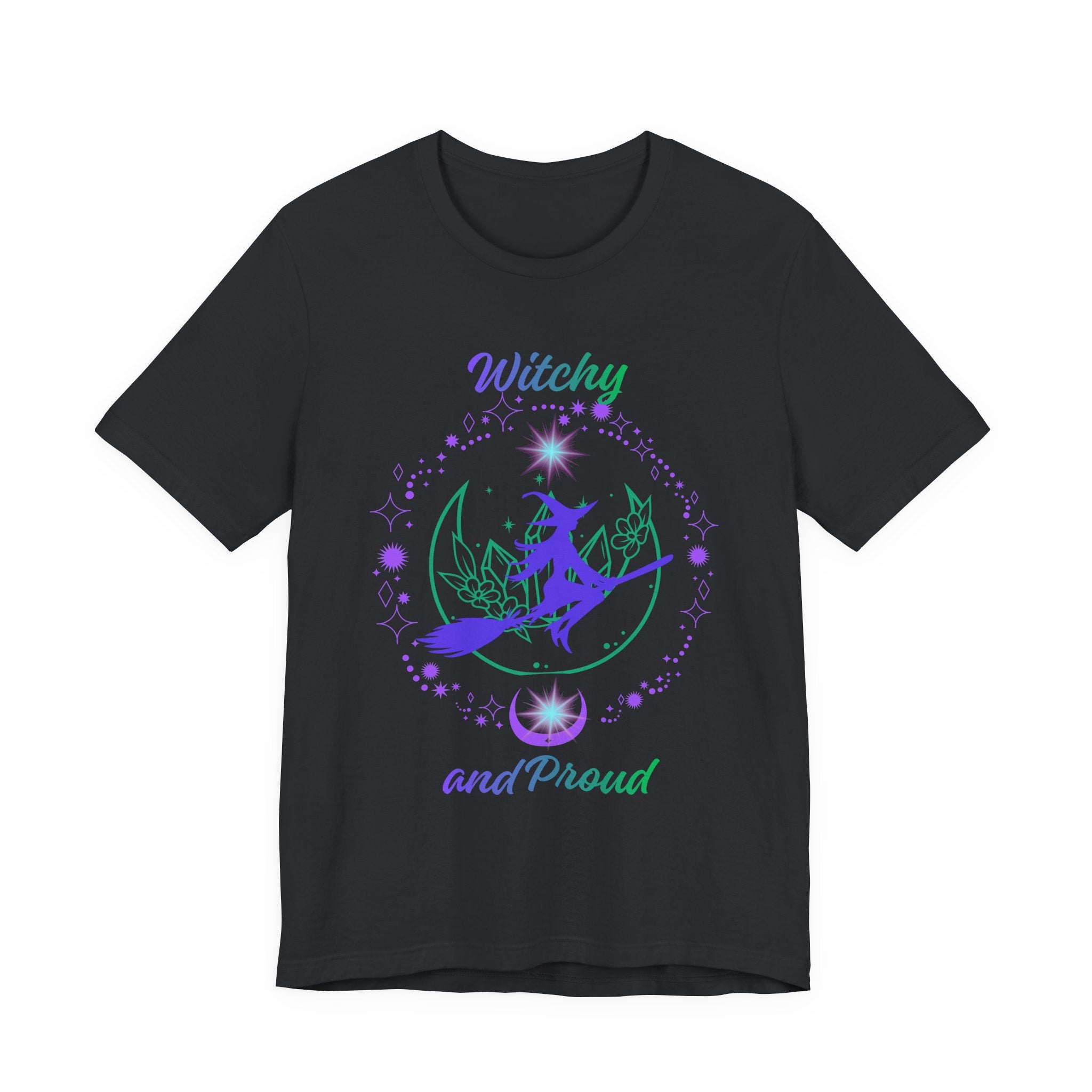 Witchy and Proud Witch Riding Broom Tee | Witch Silhouette on Moon, Celestial Floral Design